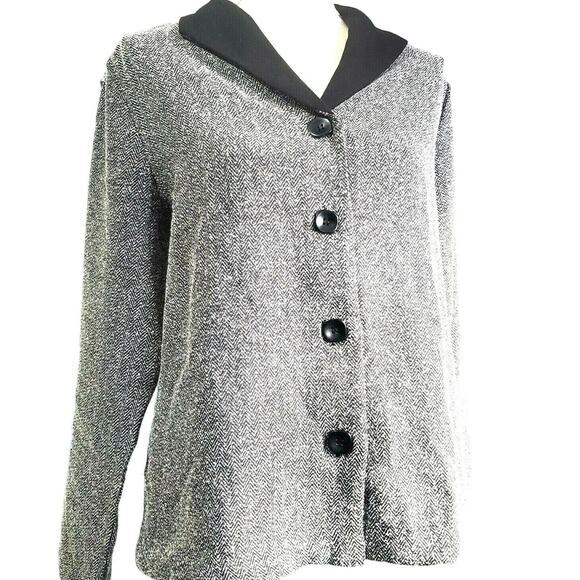 Norm Thompson Herringbone Cardigan Jacket Size M Black & White 2 Pockets Classic - Picture 1 of 12